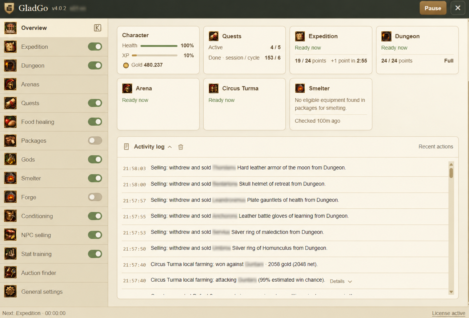GladGo overview · account and character details obscured.