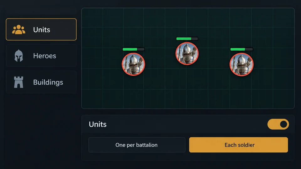 Illustration of the BFME overlay interface with soldier markers and health bars