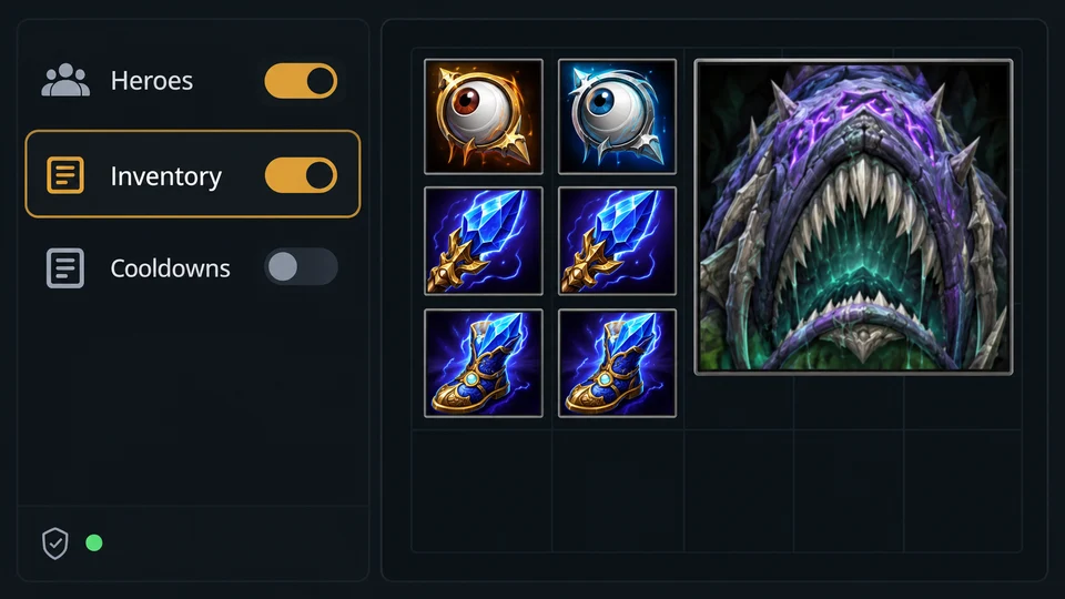 Illustration of the DOTA overlay interface with hero inventory and amber controls