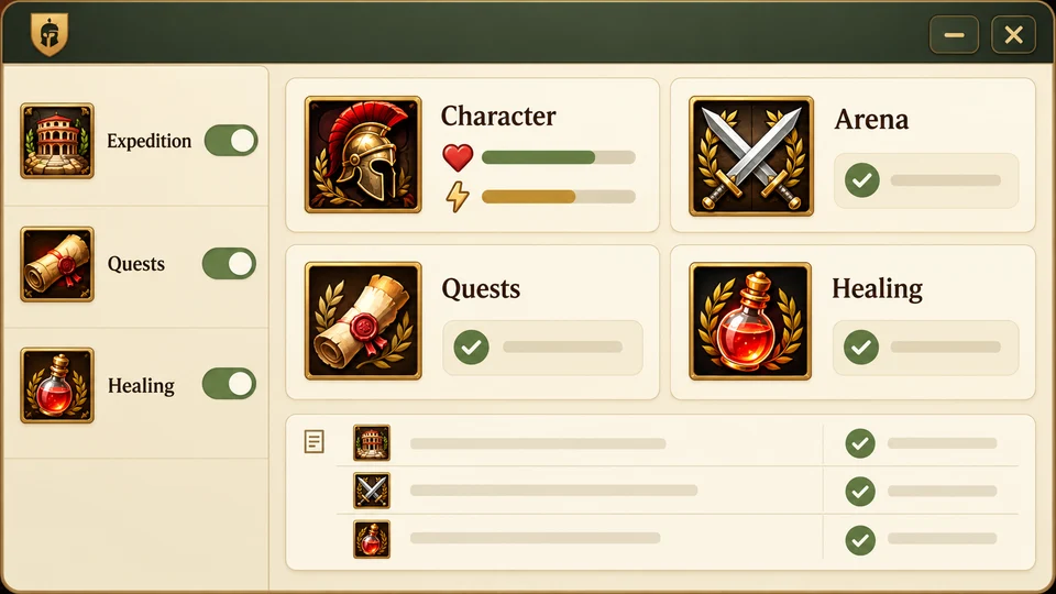 Illustration of the Gladiatus extension with quests, healing, and activity panels